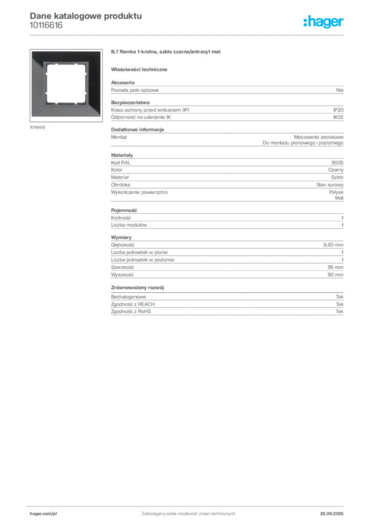 Zdjęcie Hager Karta katalogowa 10116616 | Hager Polska