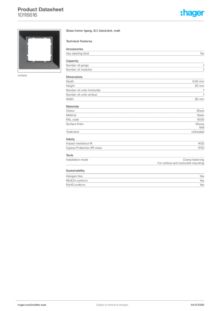Image Hager Product data sheet 10116616  | Hager