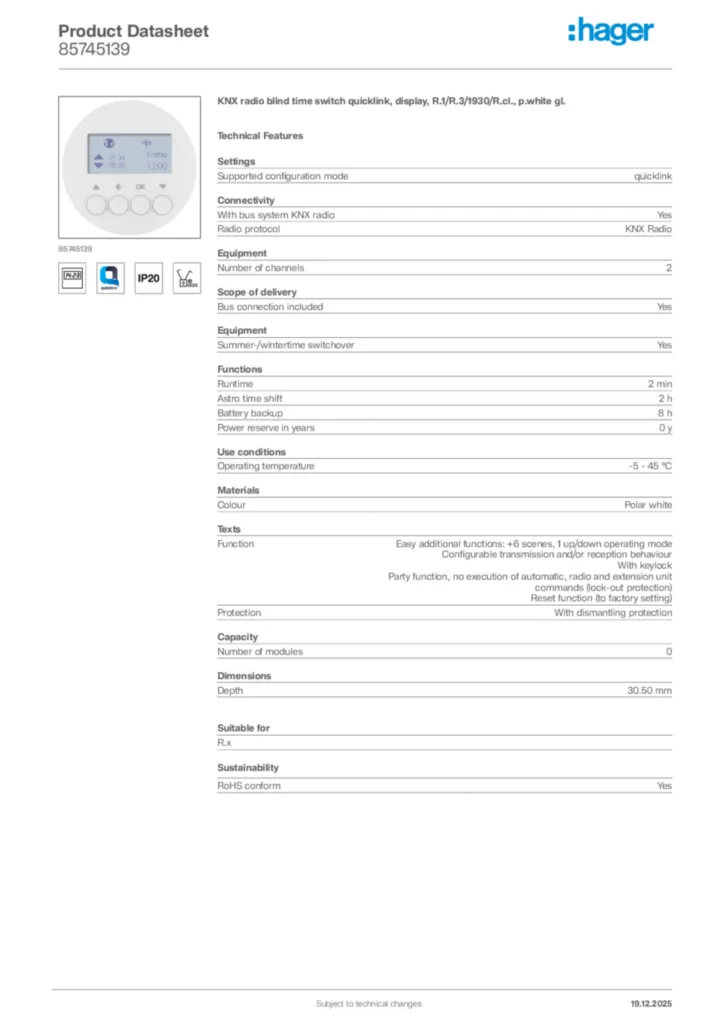 Image Hager Product data sheet 85745139  | Hager Africa