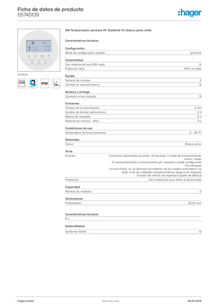 Imagen Hager Ficha de datos de producto 85745139 | Hager España