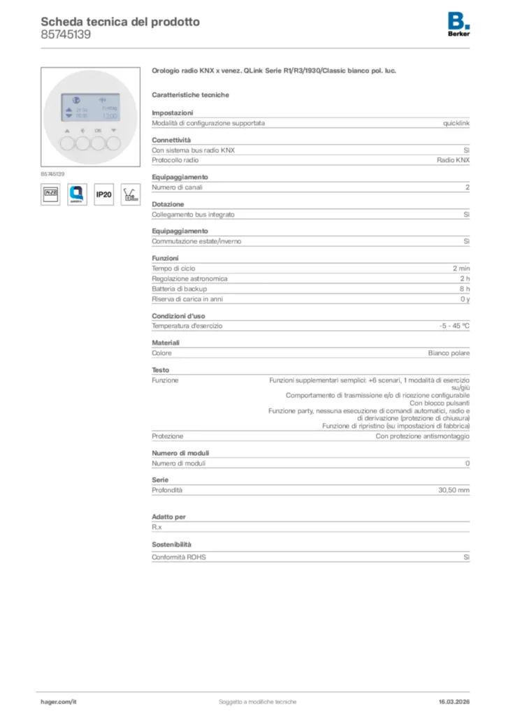 Immagine Berker Scheda tecnica del prodotto 85745139 | Hager Italia
