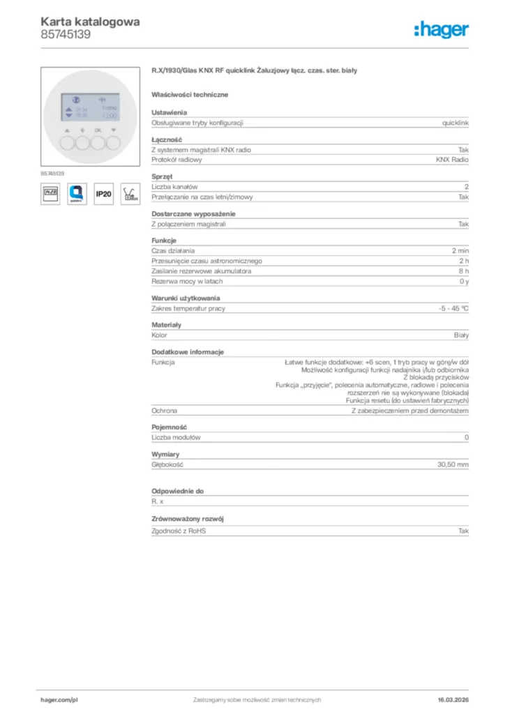 Zdjęcie Hager Karta katalogowa 85745139 | Hager Polska