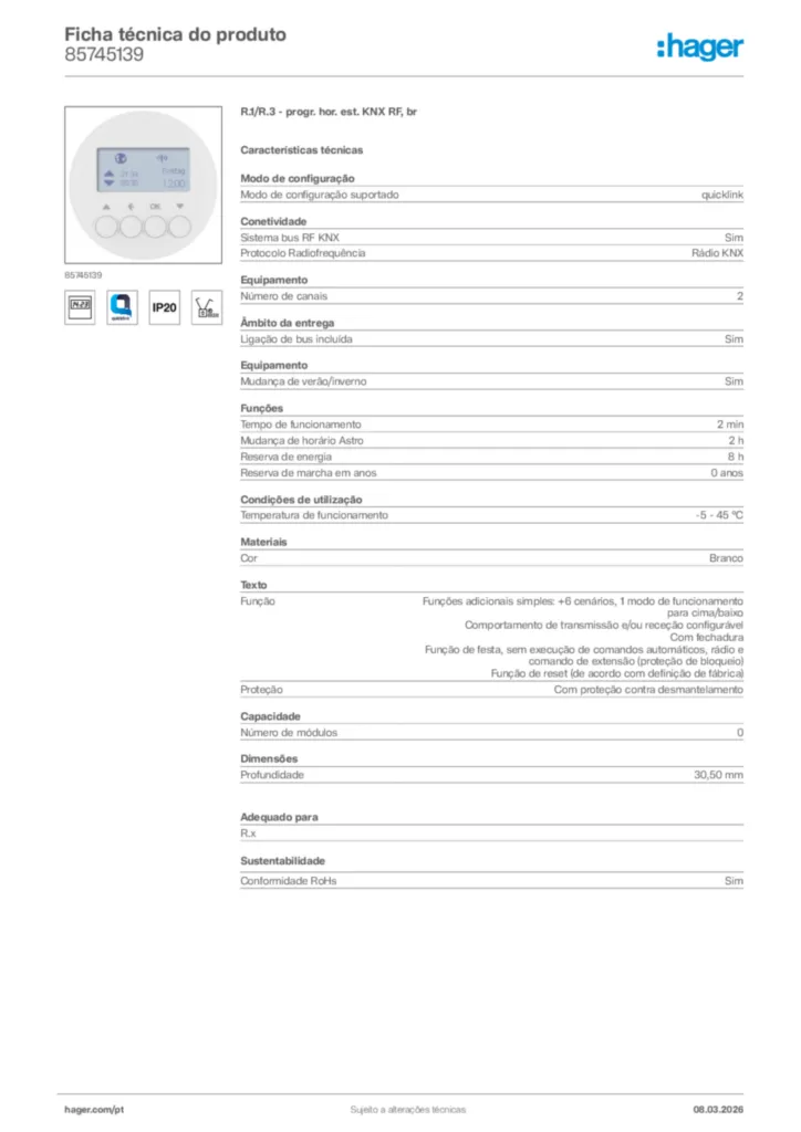 Imagem Hager Ficha técnica do produto 85745139 | Hager Portugal