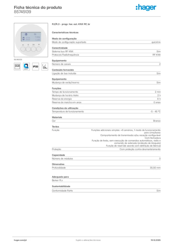 Imagem Hager Ficha técnica do produto 85745139 | Hager Portugal