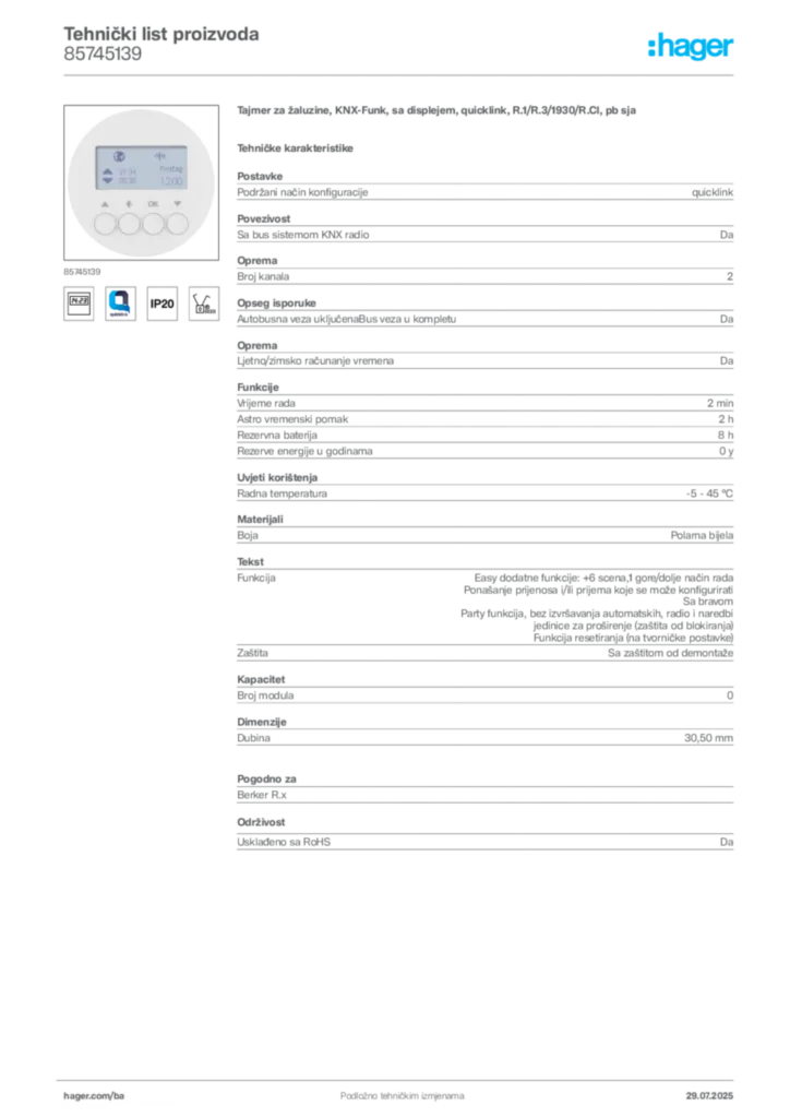 Slika Hager Product data sheet 85745139  | Hager