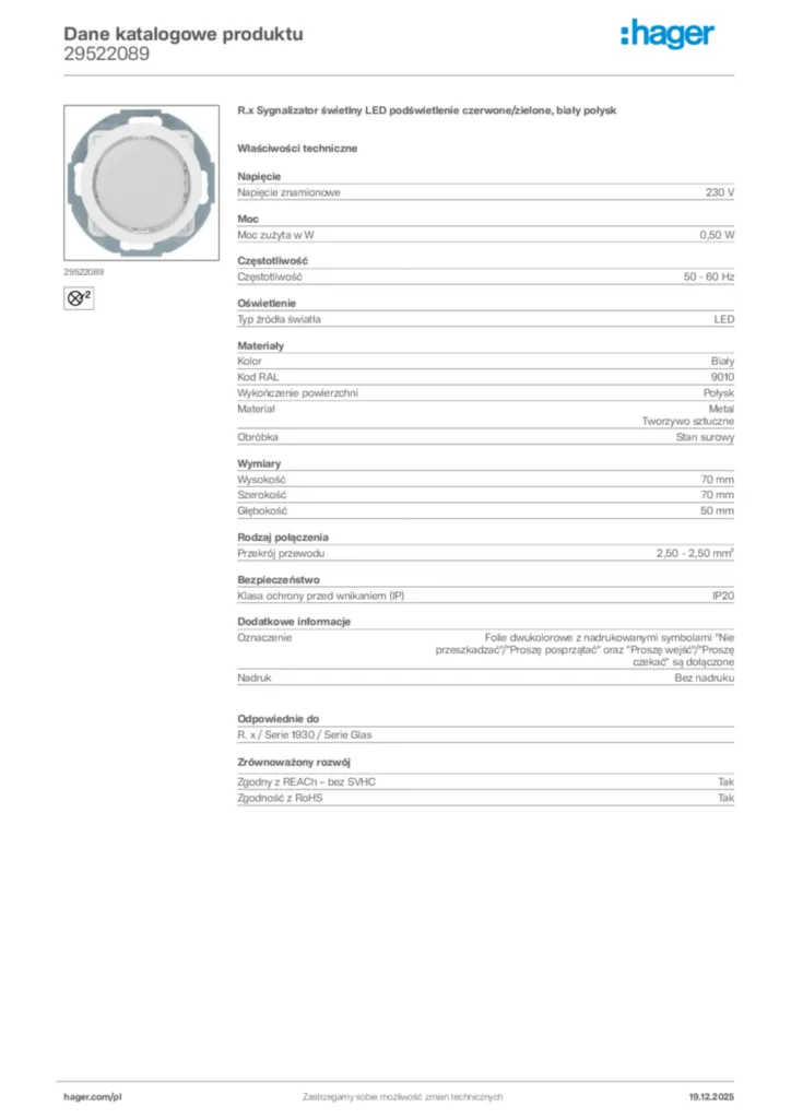 Zdjęcie Hager Karta katalogowa 29522089 | Hager Polska