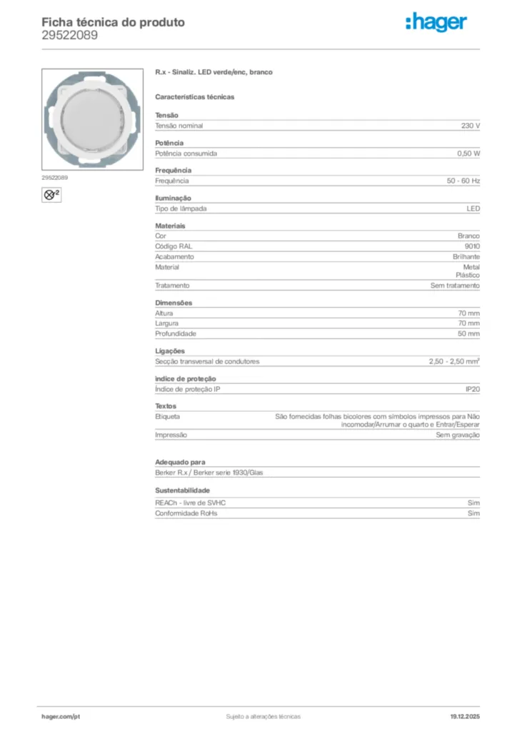 Imagem Hager Ficha técnica do produto 29522089 | Hager Portugal