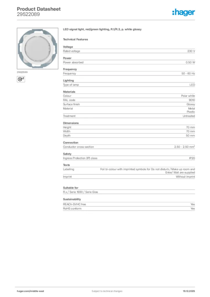 Image Hager Product data sheet 29522089  | Hager