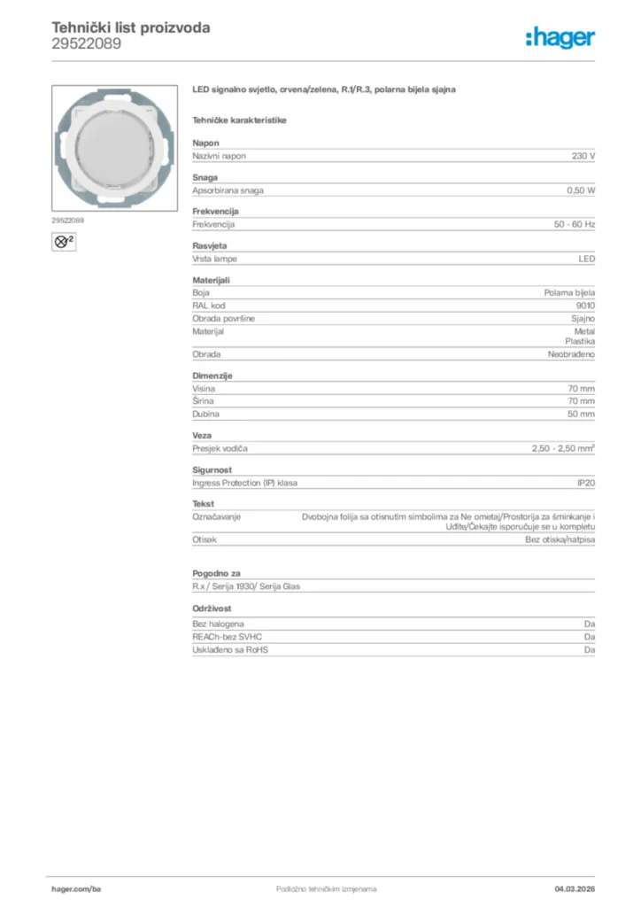 Slika Hager Tehnički list proizvoda 29522089  | Hager