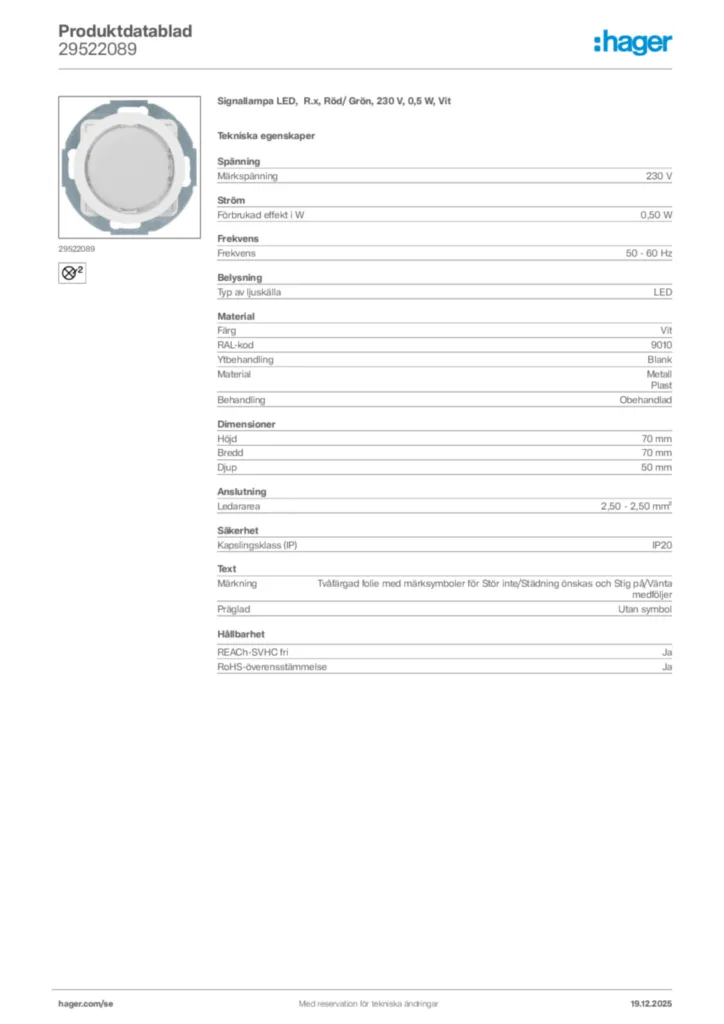 Bild Hager Produktdatablad 29522089 | Hager Sverige