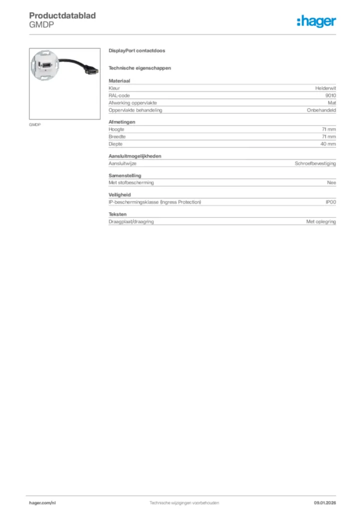 Afbeelding Hager Productdatablad GMDP | Hager Nederland