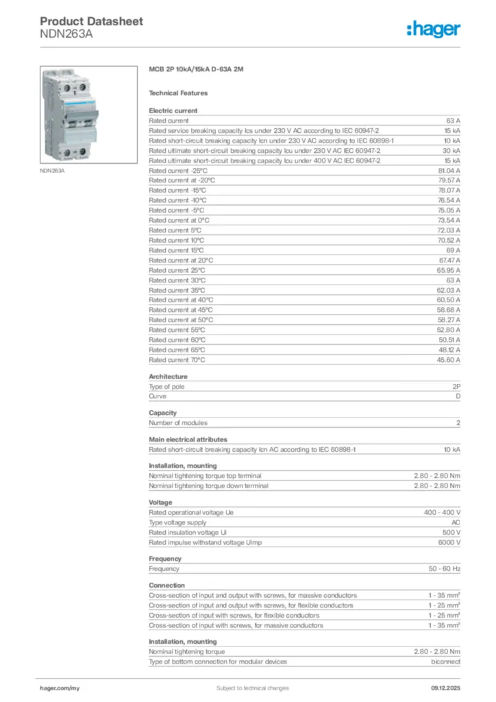 Image Hager Product data sheet NDN263A  | Hager