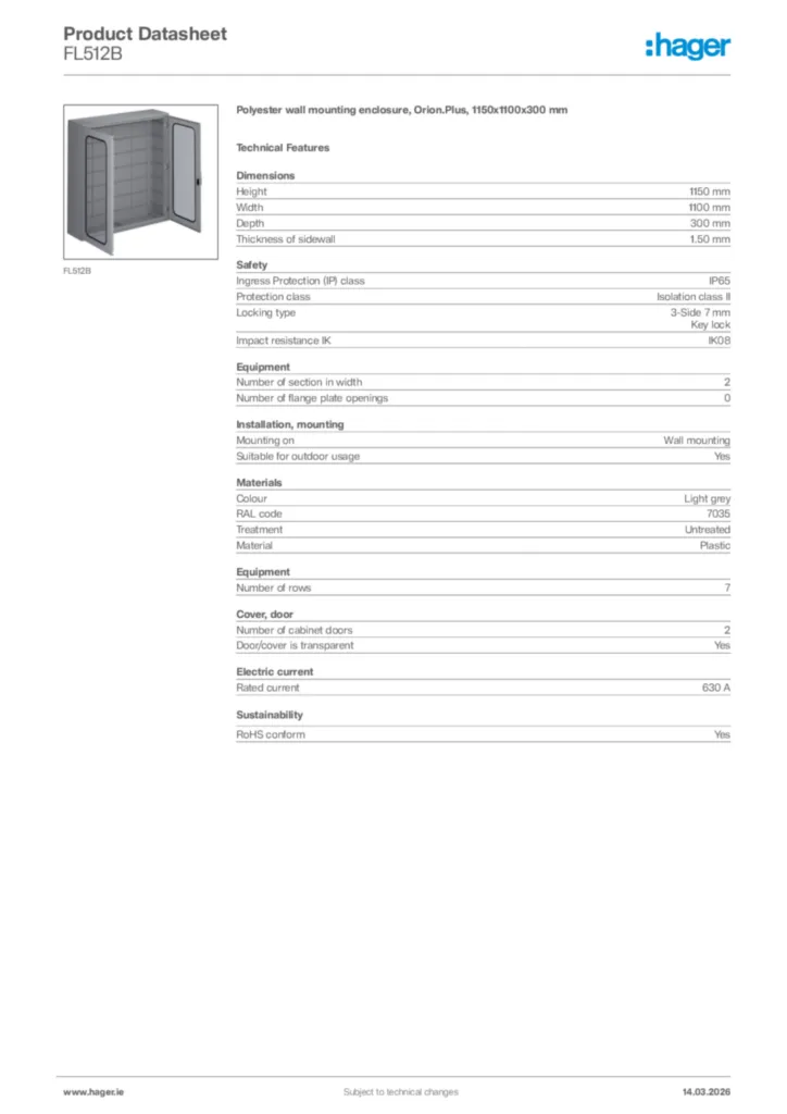 Image Hager Product data sheet FL512B  | Hager