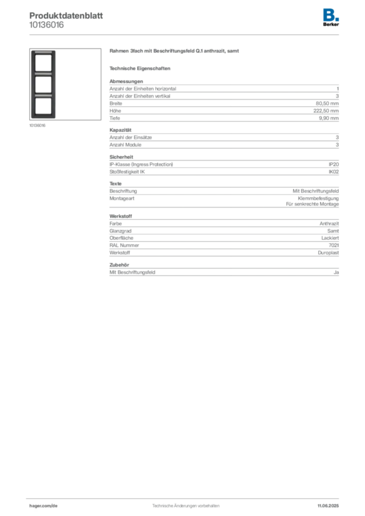 Bild Berker Produktdatenblatt 10136016 | Hager Deutschland