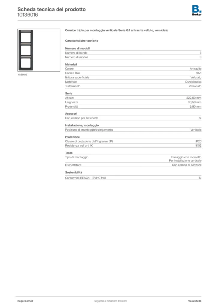 Immagine Berker Scheda tecnica del prodotto 10136016 | Hager Italia
