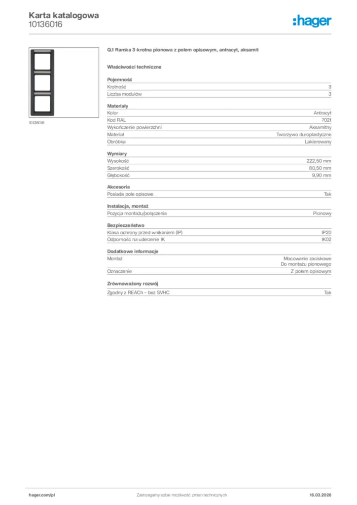 Zdjęcie Hager Karta katalogowa 10136016 | Hager Polska