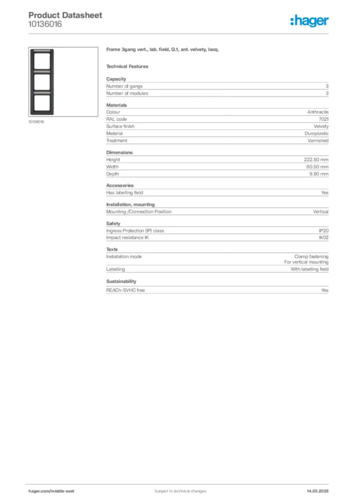Image Hager Product data sheet 10136016  | Hager