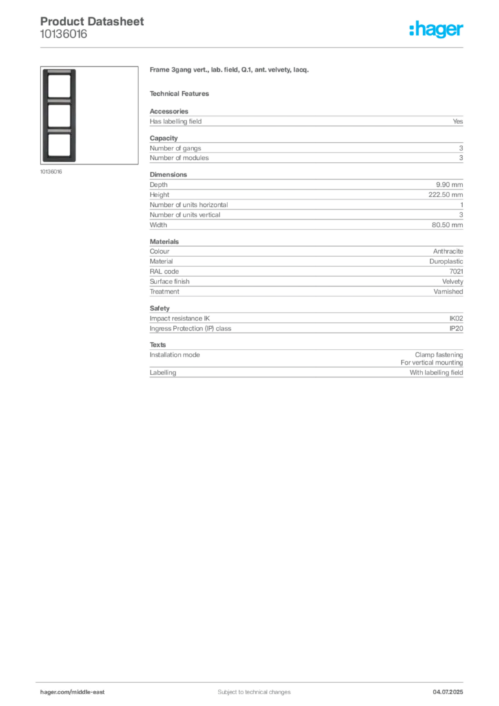 Image Hager Product data sheet 10136016  | Hager