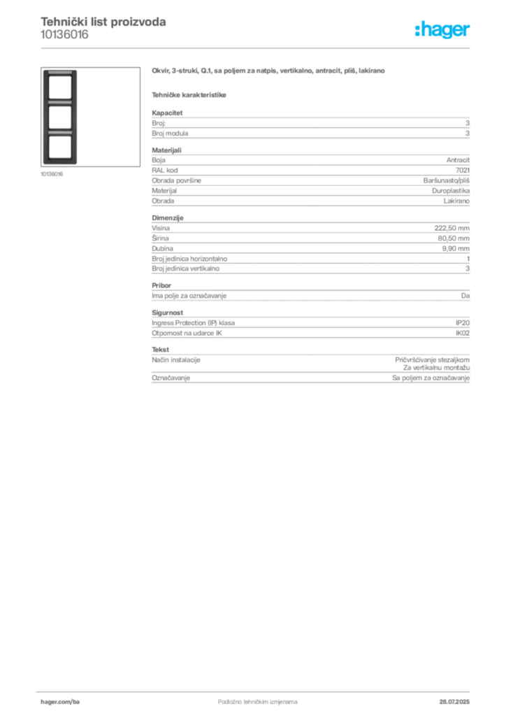 Slika Hager Product data sheet 10136016  | Hager