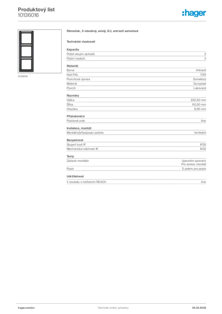 Obrázek Hager Product data sheet 10136016 | Hager