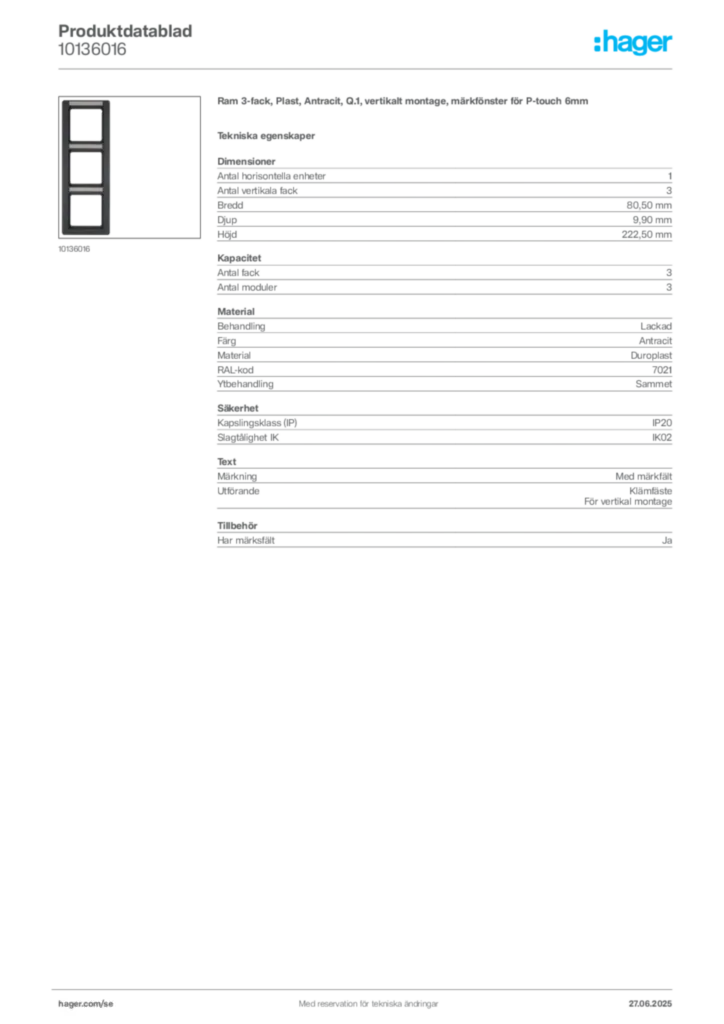 Bild Hager Produktdatablad 10136016 | Hager Sverige