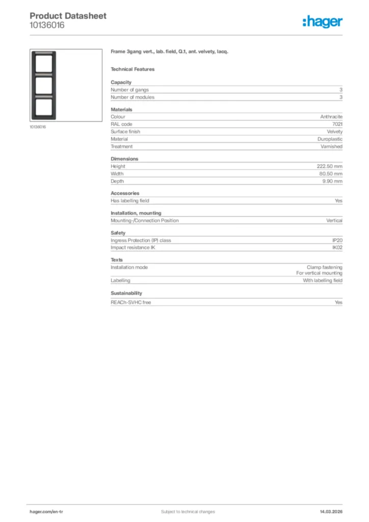 Image Hager Product data sheet 10136016  | Hager
