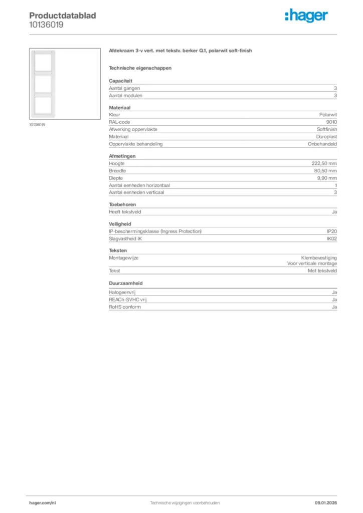 Afbeelding Hager Productdatablad 10136019 | Hager Nederland