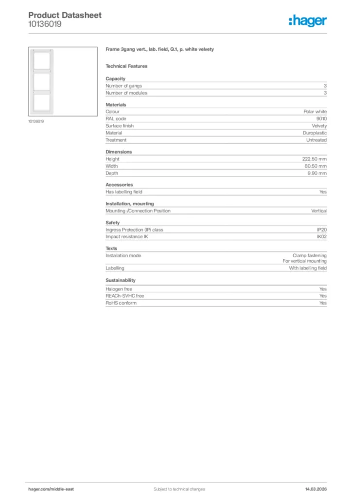 Image Hager Product data sheet 10136019  | Hager