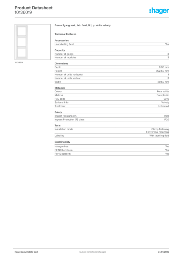 Image Hager Product data sheet 10136019  | Hager