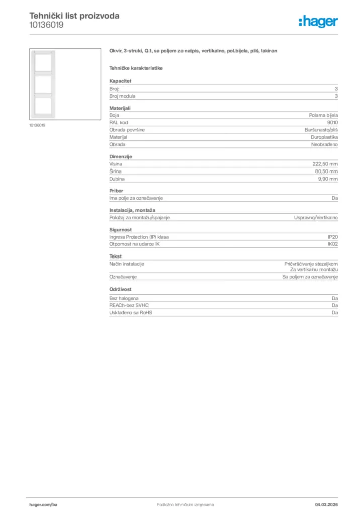 Slika Hager Tehnički list proizvoda 10136019  | Hager