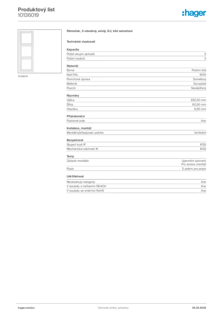 Obrázek Hager Product data sheet 10136019 | Hager