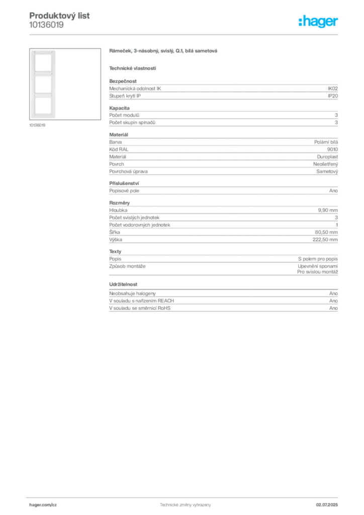 Obrázek Hager Produktový list 10136019 | Hager