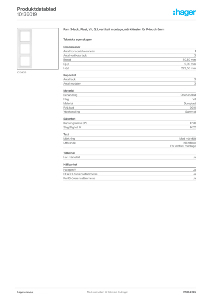 Bild Hager Produktdatablad 10136019 | Hager Sverige