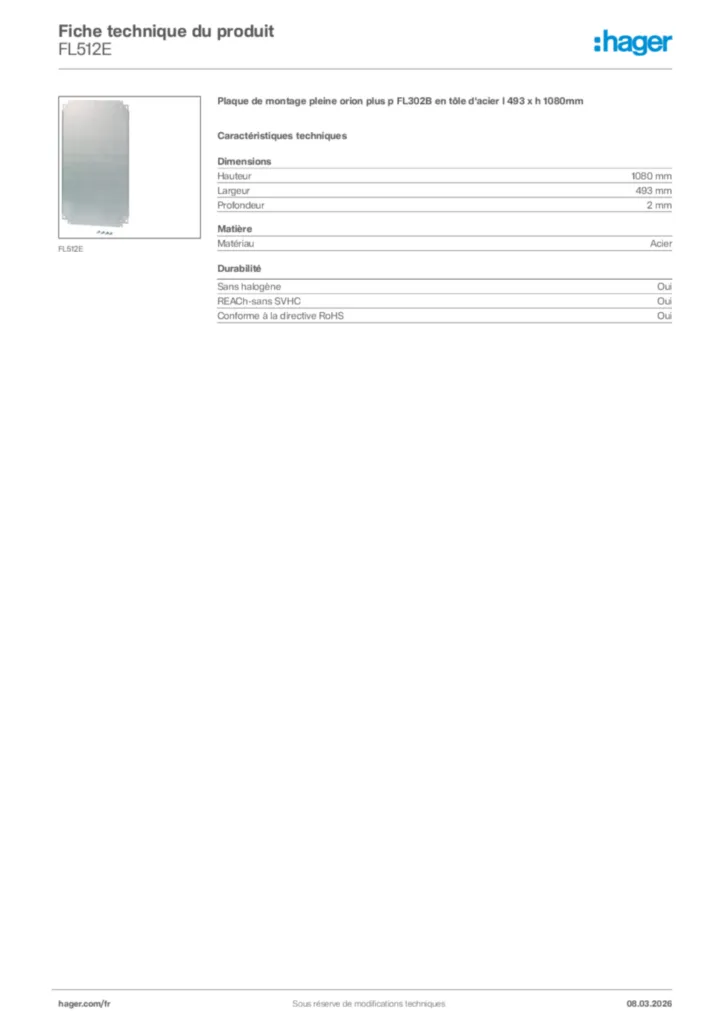 Image Hager Fiche technique du produit FL512E | Hager France