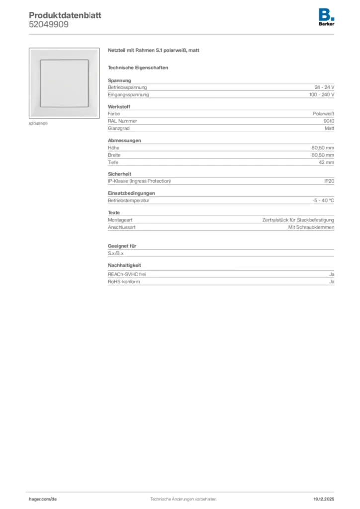 Bild Berker Produktdatenblatt 52049909 | Hager Deutschland