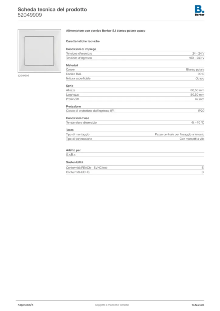 Immagine Berker Scheda tecnica del prodotto 52049909 | Hager Italia