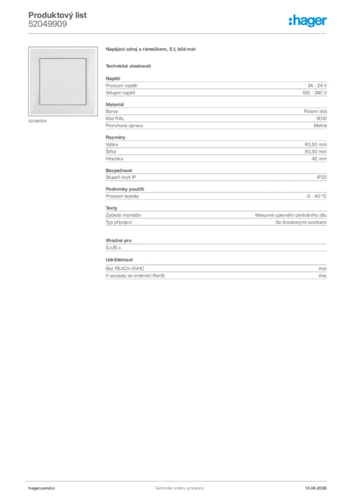 Obrázek Hager Product data sheet 52049909 | Hager