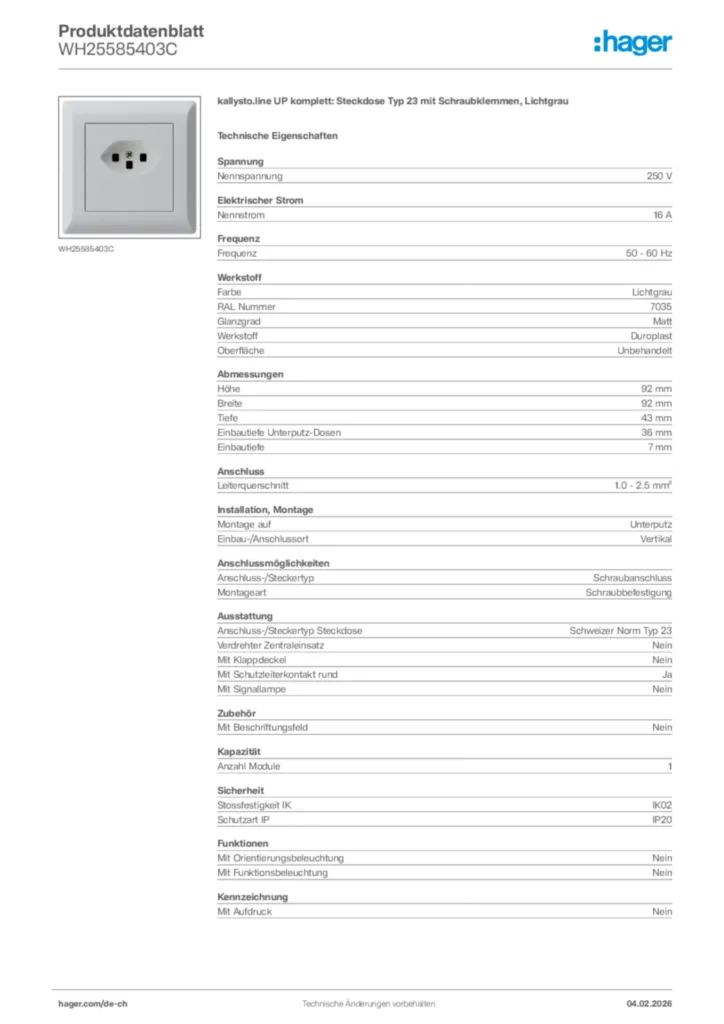 Bild Hager Produktdatenblatt WH25585403C | Hager Schweiz