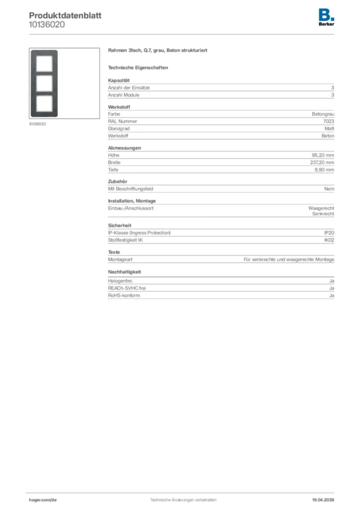 Bild Berker Produktdatenblatt 10136020 | Hager Deutschland