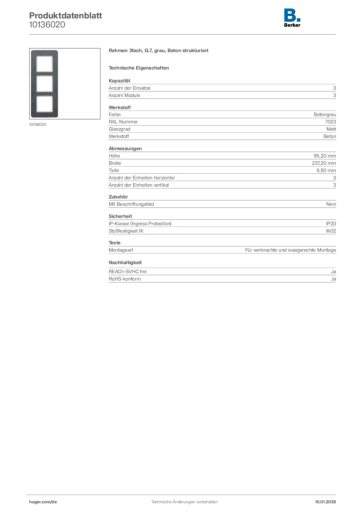 Bild Berker Produktdatenblatt 10136020 | Hager Deutschland