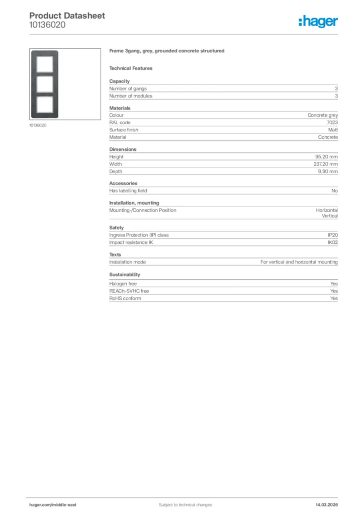 Image Hager Product data sheet 10136020  | Hager