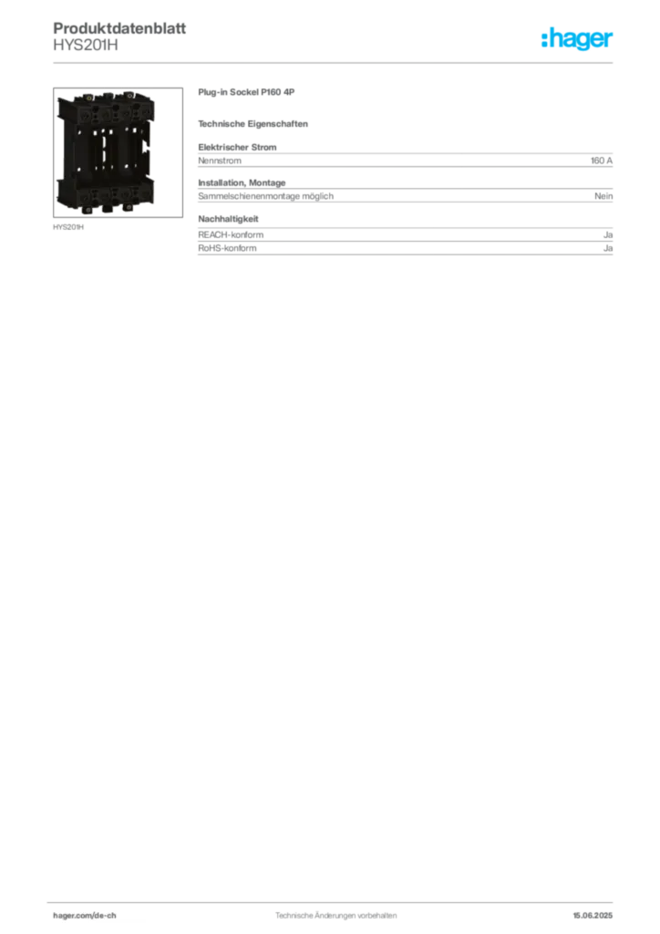 Bild Hager Produktdatenblatt HYS201H | Hager Schweiz
