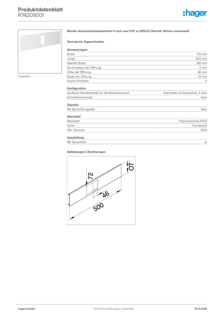 Bild Hager Produktdatenblatt R74209001 | Hager Deutschland