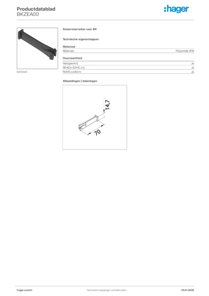 Afbeelding Hager Productdatablad BKZEA00 | Hager Nederland