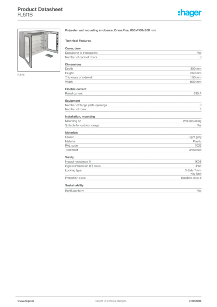 Image Hager Product data sheet FL511B  | Hager