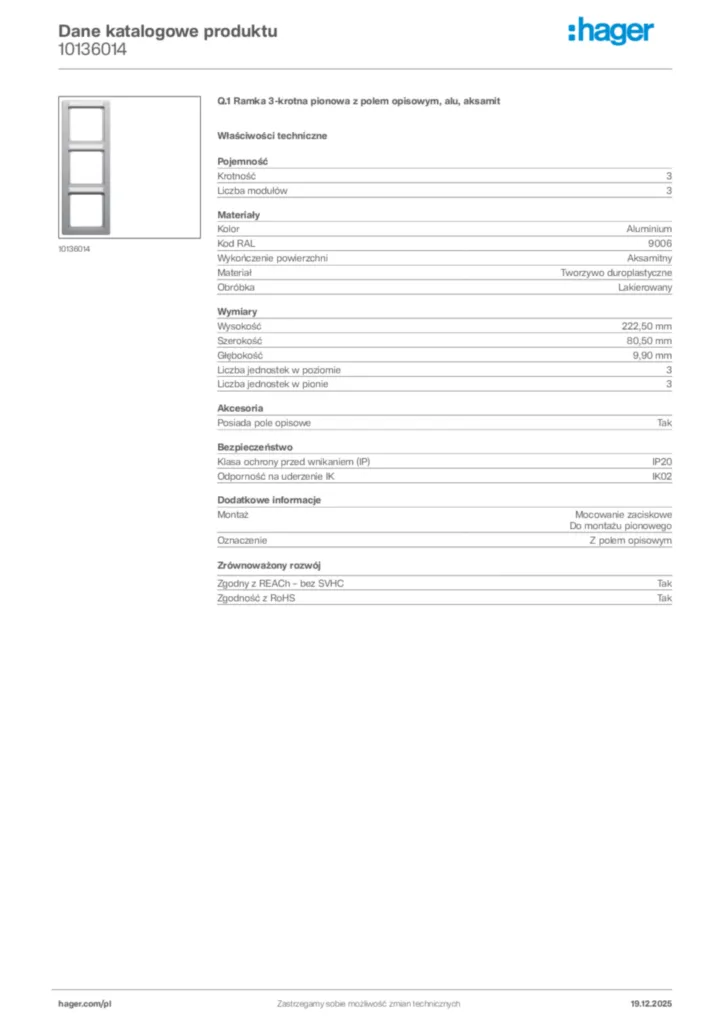 Zdjęcie Hager Karta katalogowa 10136014 | Hager Polska