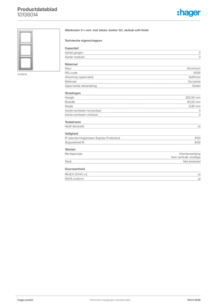 Afbeelding Hager Productdatablad 10136014 | Hager Nederland