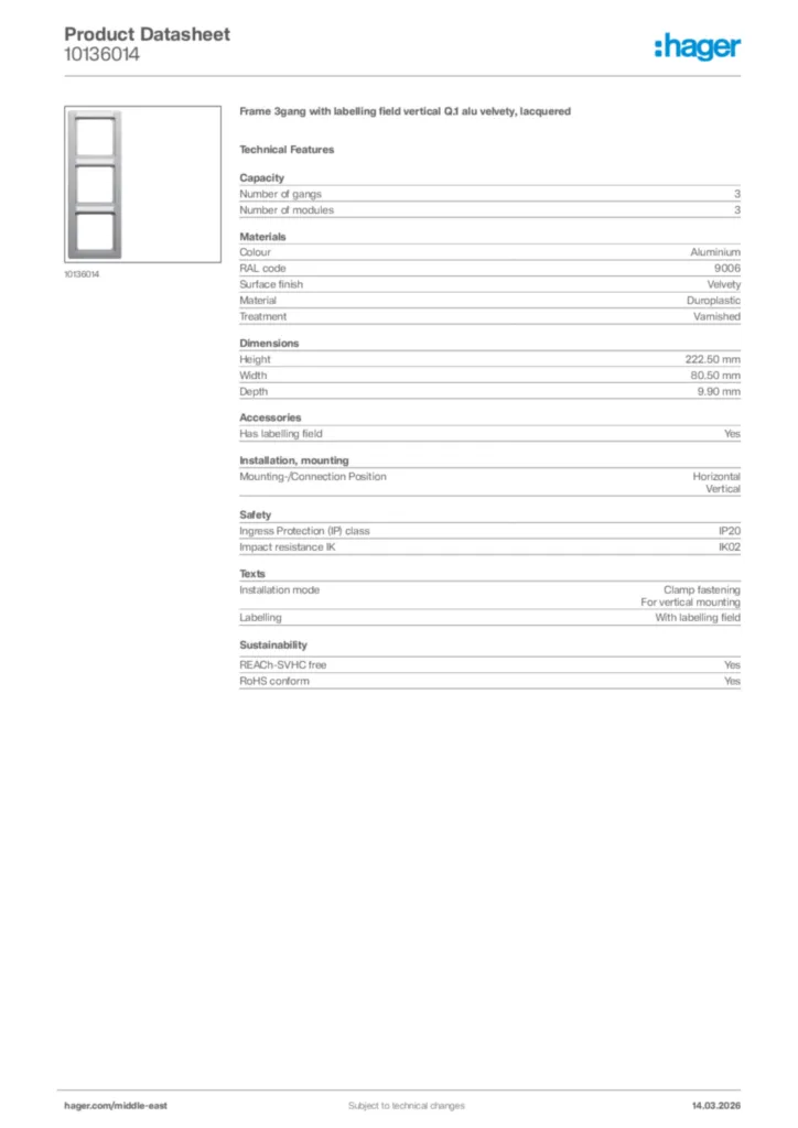Image Hager Product data sheet 10136014  | Hager