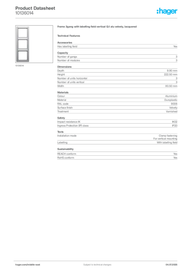 Image Hager Product data sheet 10136014  | Hager