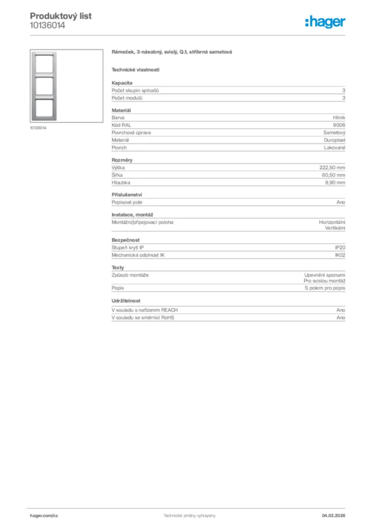 Obrázek Hager Product data sheet 10136014 | Hager